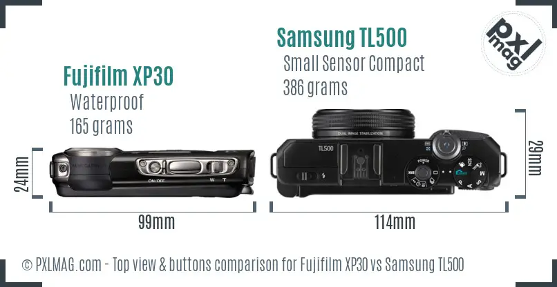 Fujifilm XP30 vs Samsung TL500 top view buttons comparison Fujifilm XP30 vs Samsung TL500 top view buttons comparison