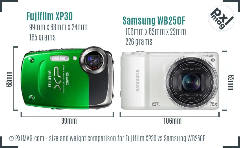 Fujifilm XP30 vs Samsung WB250F size comparison
