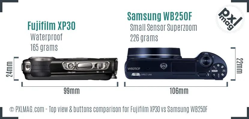 Fujifilm XP30 vs Samsung WB250F top view buttons comparison