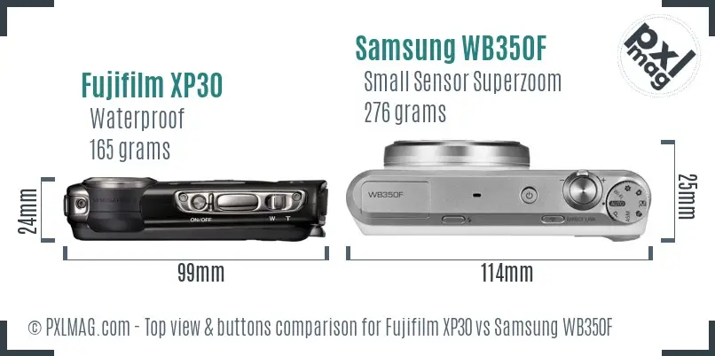Fujifilm XP30 vs Samsung WB350F top view buttons comparison Fujifilm XP30 vs Samsung WB350F top view buttons comparison