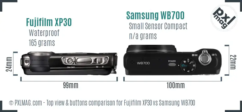 Fujifilm XP30 vs Samsung WB700 top view buttons comparison Fujifilm XP30 vs Samsung WB700 top view buttons comparison