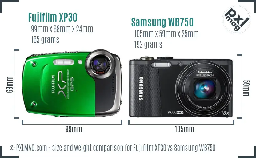 Fujifilm XP30 vs Samsung WB750 size comparison