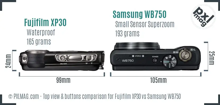 Fujifilm XP30 vs Samsung WB750 top view buttons comparison