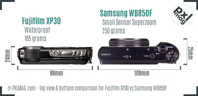 Fujifilm XP30 vs Samsung WB850F top view buttons comparison