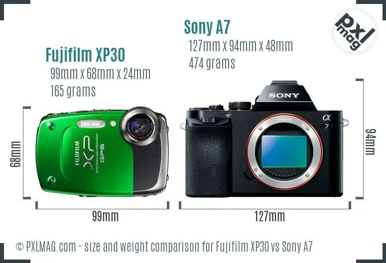 Fujifilm XP30 vs Sony A7 size comparison