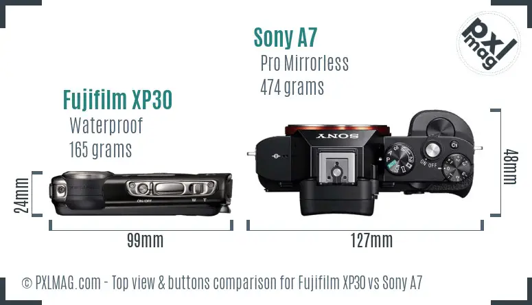 Fujifilm XP30 vs Sony A7 top view buttons comparison