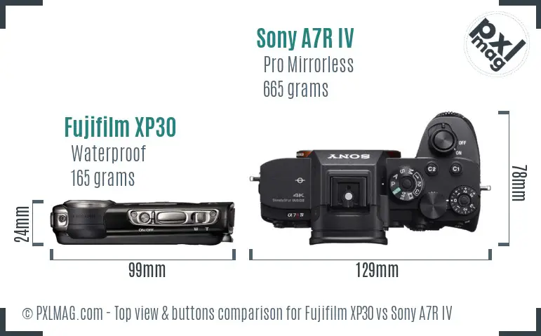 Fujifilm XP30 vs Sony A7R IV top view buttons comparison