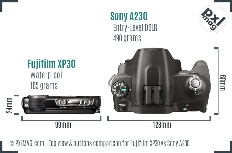 Fujifilm XP30 vs Sony A230 top view buttons comparison Fujifilm XP30 vs Sony A230 top view buttons comparison
