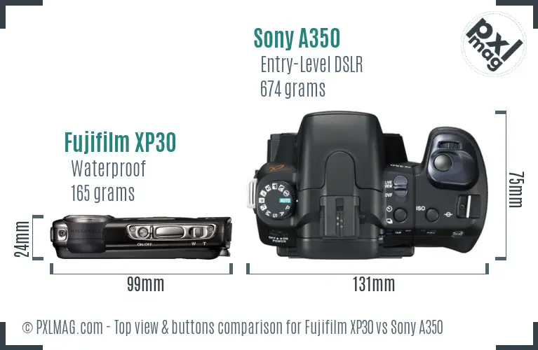 Fujifilm XP30 vs Sony A350 top view buttons comparison Fujifilm XP30 vs Sony A350 top view buttons comparison