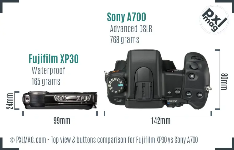 Fujifilm XP30 vs Sony A700 top view buttons comparison Fujifilm XP30 vs Sony A700 top view buttons comparison