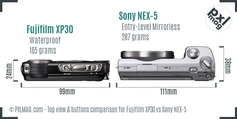 Fujifilm XP30 vs Sony NEX-5 top view buttons comparison
