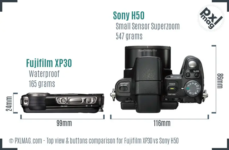 Fujifilm XP30 vs Sony H50 top view buttons comparison