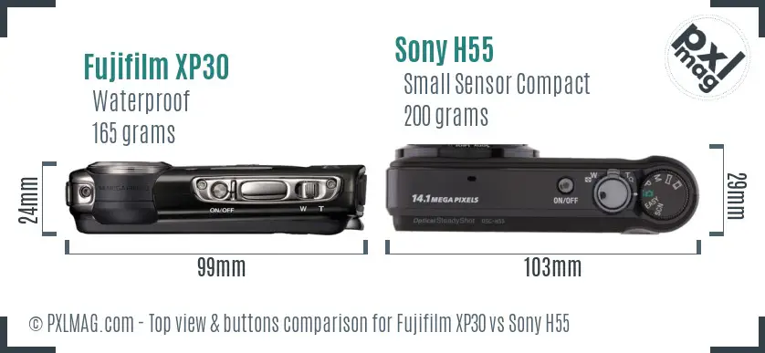 Fujifilm XP30 vs Sony H55 top view buttons comparison