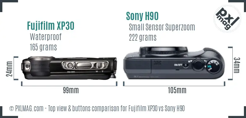 Fujifilm XP30 vs Sony H90 top view buttons comparison