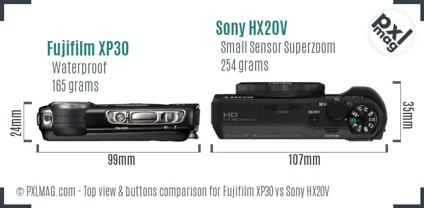 Fujifilm XP30 vs Sony HX20V top view buttons comparison Fujifilm XP30 vs Sony HX20V top view buttons comparison