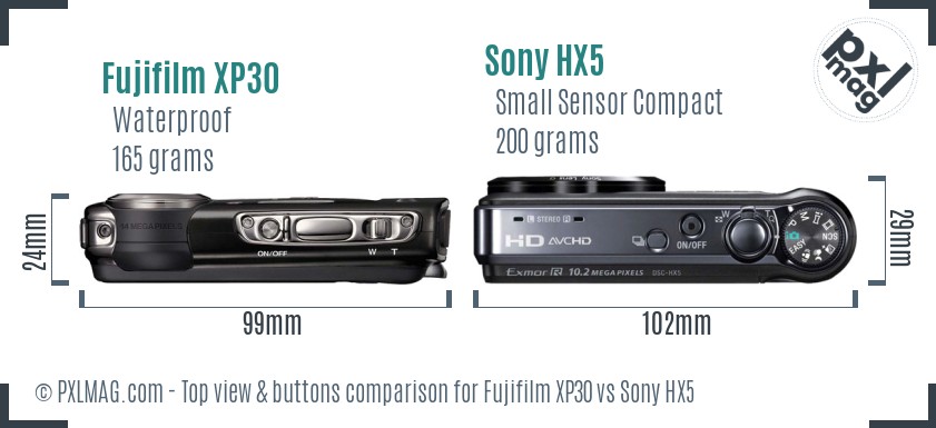 Fujifilm XP30 vs Sony HX5 top view buttons comparison