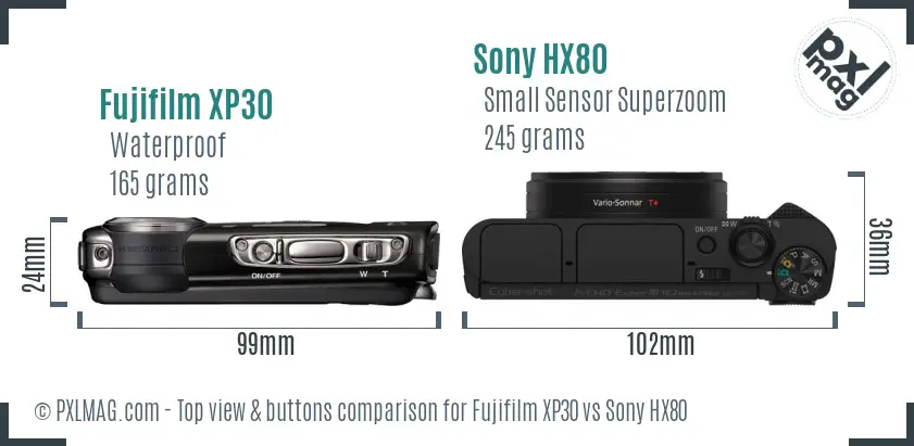 Fujifilm XP30 vs Sony HX80 top view buttons comparison