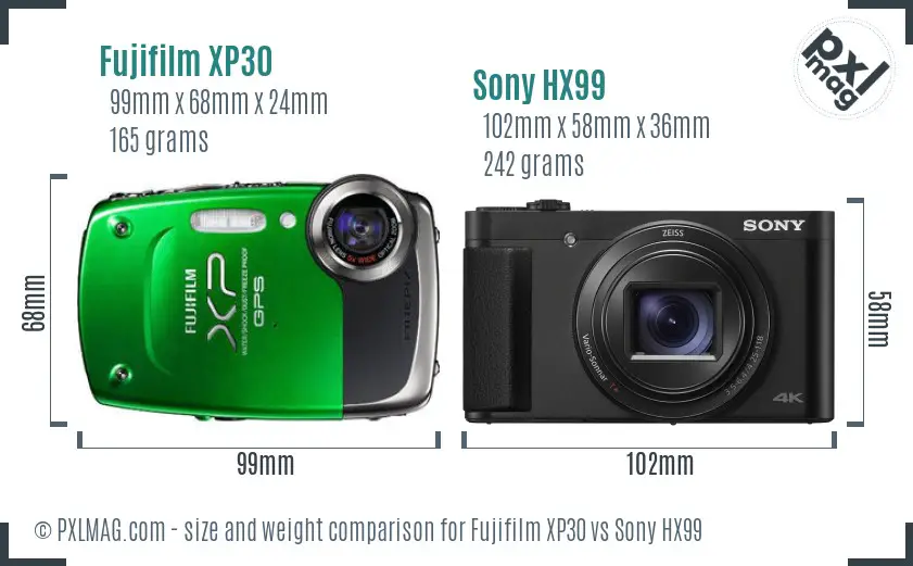 Fujifilm XP30 vs Sony HX99 size comparison Fujifilm XP30 vs Sony HX99 size comparison