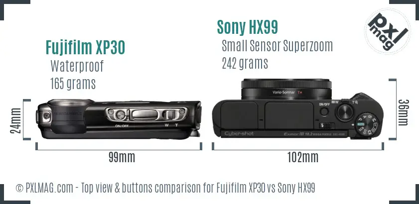 Fujifilm XP30 vs Sony HX99 top view buttons comparison Fujifilm XP30 vs Sony HX99 top view buttons comparison