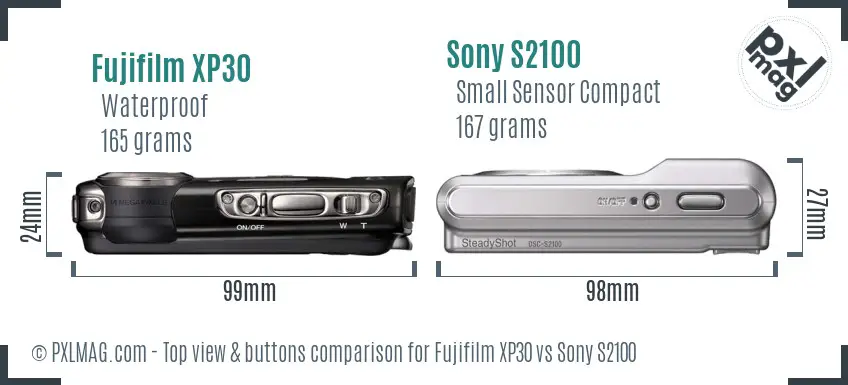Fujifilm XP30 vs Sony S2100 top view buttons comparison