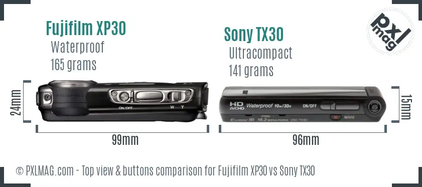Fujifilm XP30 vs Sony TX30 top view buttons comparison Fujifilm XP30 vs Sony TX30 top view buttons comparison