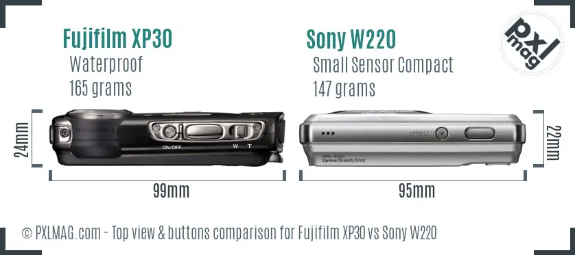 Fujifilm XP30 vs Sony W220 top view buttons comparison