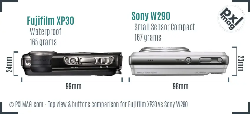 Fujifilm XP30 vs Sony W290 top view buttons comparison Fujifilm XP30 vs Sony W290 top view buttons comparison