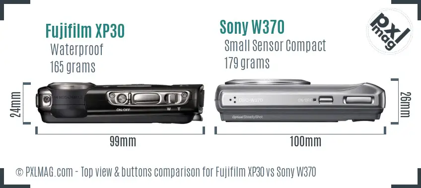 Fujifilm XP30 vs Sony W370 top view buttons comparison Fujifilm XP30 vs Sony W370 top view buttons comparison