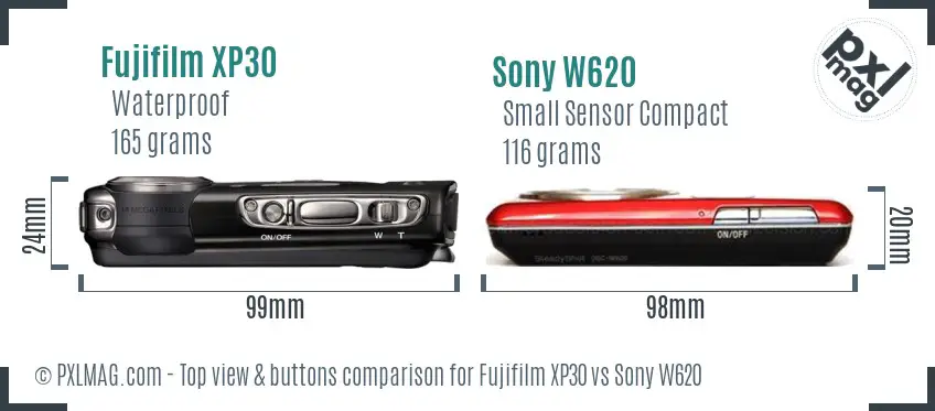 Fujifilm XP30 vs Sony W620 top view buttons comparison Fujifilm XP30 vs Sony W620 top view buttons comparison