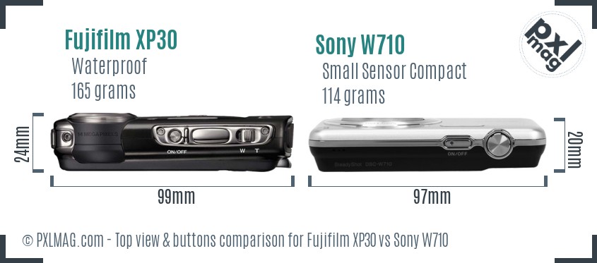 Fujifilm XP30 vs Sony W710 top view buttons comparison