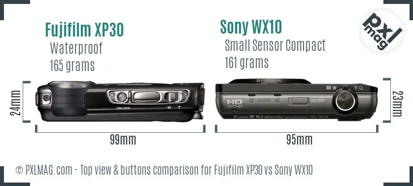Fujifilm XP30 vs Sony WX10 top view buttons comparison