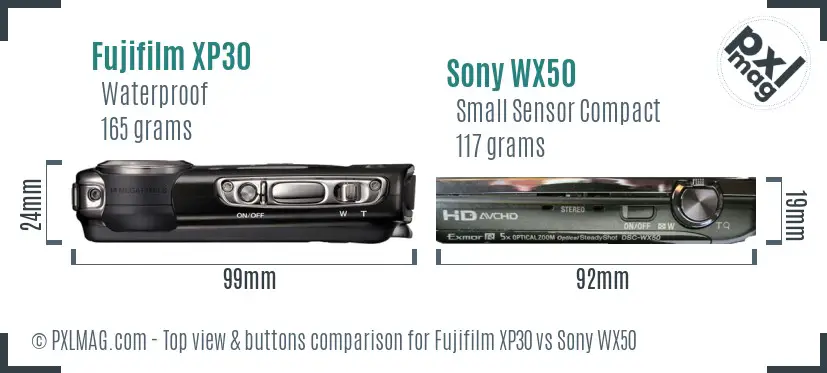 Fujifilm XP30 vs Sony WX50 top view buttons comparison