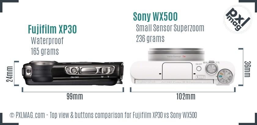 Fujifilm XP30 vs Sony WX500 top view buttons comparison