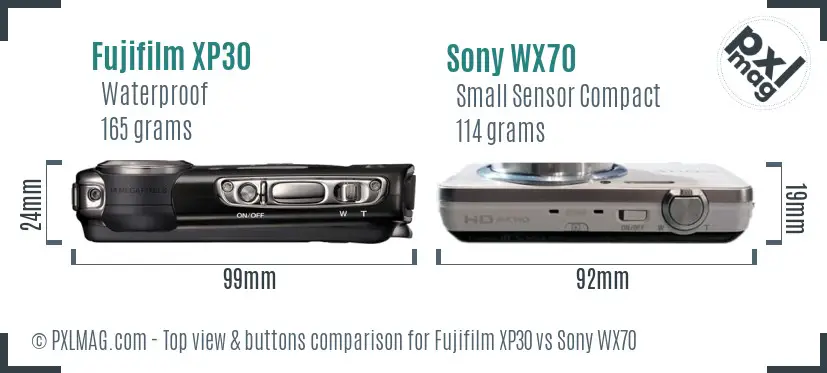 Fujifilm XP30 vs Sony WX70 top view buttons comparison