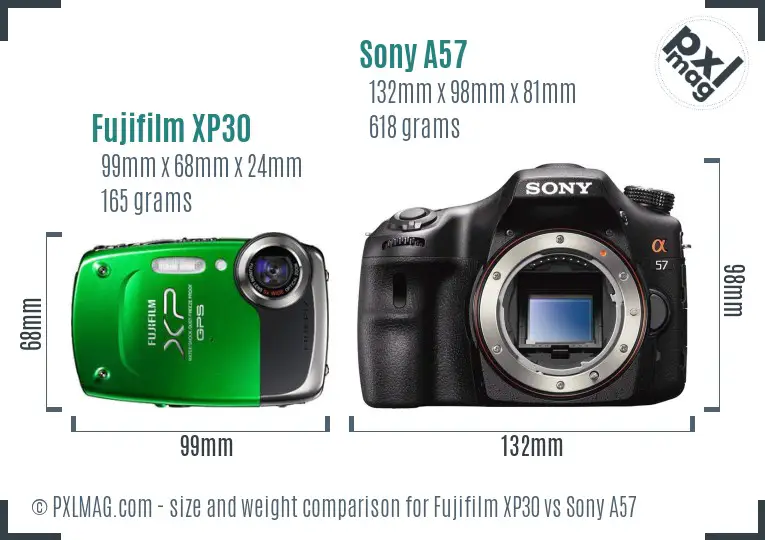 Fujifilm XP30 vs Sony A57 size comparison