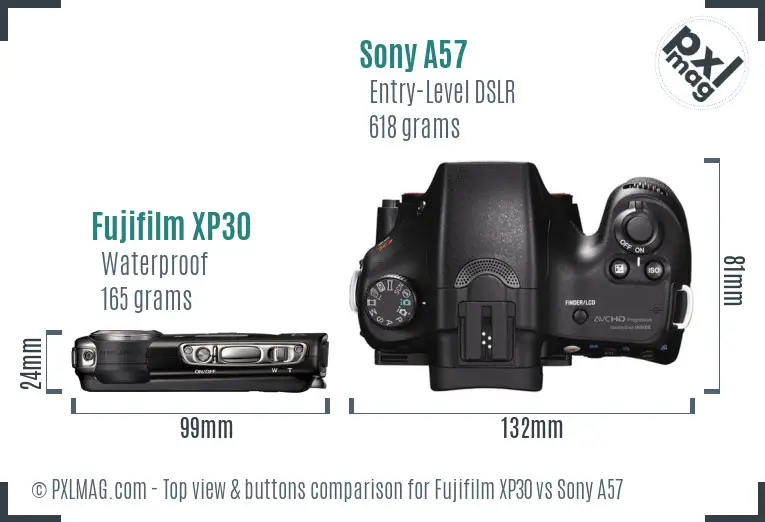 Fujifilm XP30 vs Sony A57 top view buttons comparison