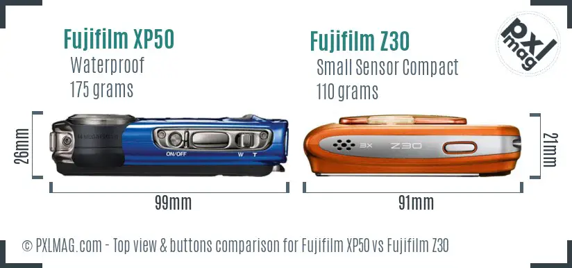 Fujifilm XP50 vs Fujifilm Z30 top view buttons comparison