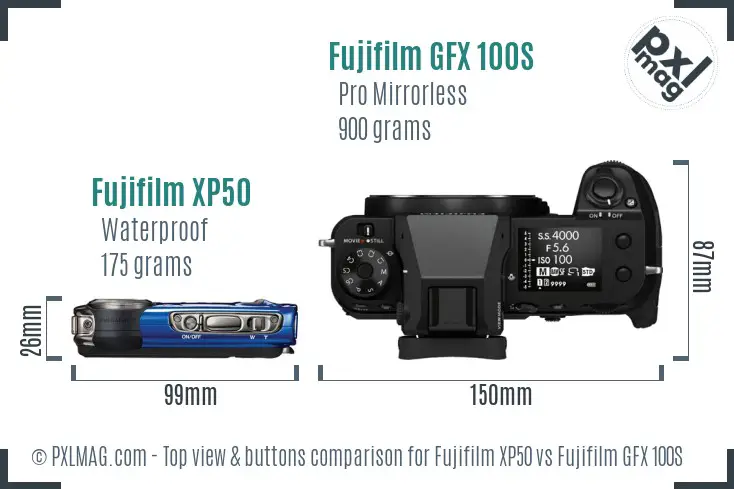 Fujifilm XP50 vs Fujifilm GFX 100S top view buttons comparison