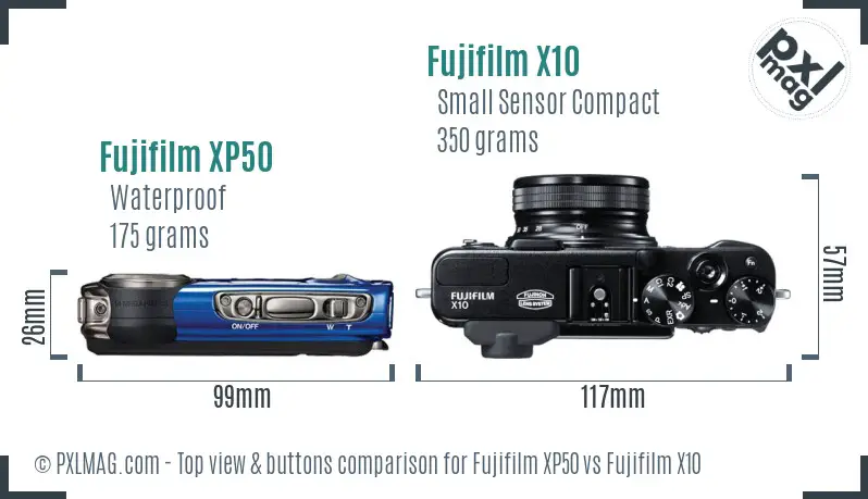 Fujifilm XP50 vs Fujifilm X10 top view buttons comparison