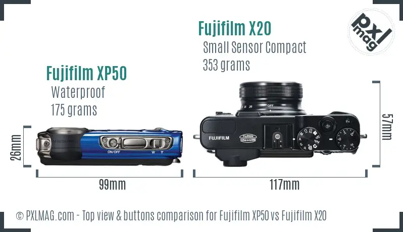 Fujifilm XP50 vs Fujifilm X20 top view buttons comparison