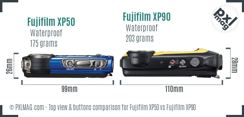 Fujifilm XP50 vs Fujifilm XP90 top view buttons comparison