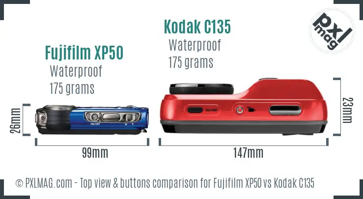 Fujifilm XP50 vs Kodak C135 top view buttons comparison