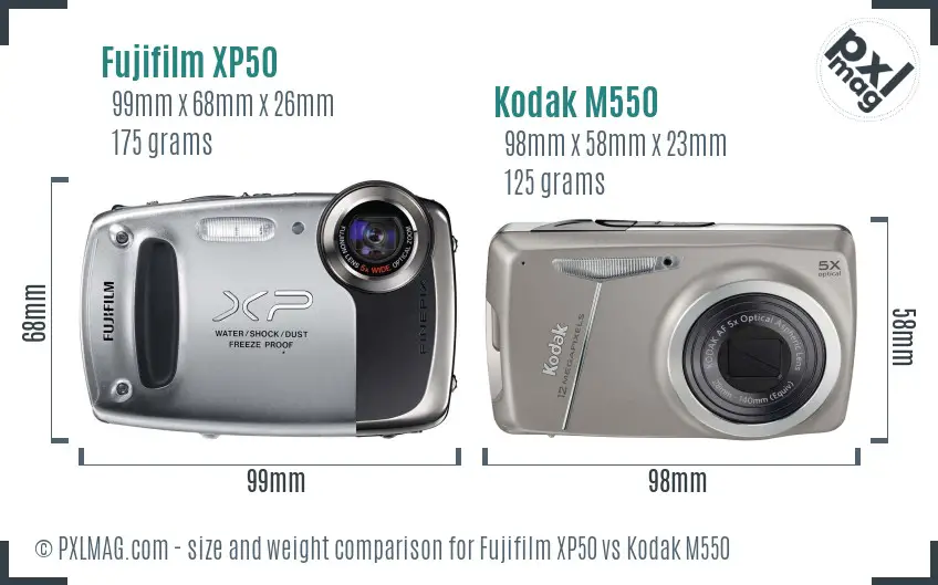 Fujifilm XP50 vs Kodak M550 size comparison