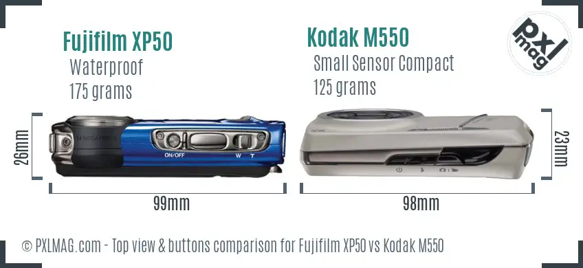 Fujifilm XP50 vs Kodak M550 top view buttons comparison