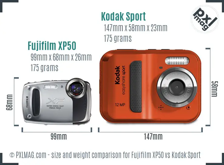 Fujifilm XP50 vs Kodak Sport size comparison