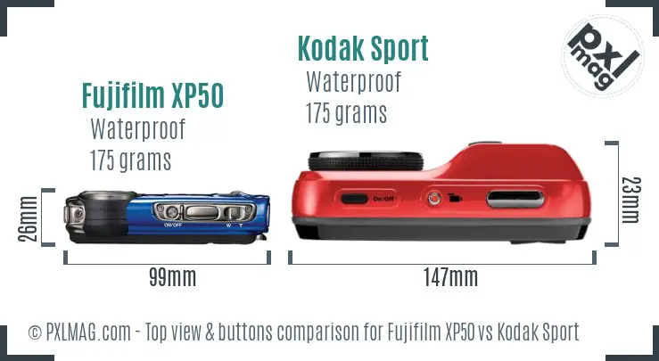 Fujifilm XP50 vs Kodak Sport top view buttons comparison