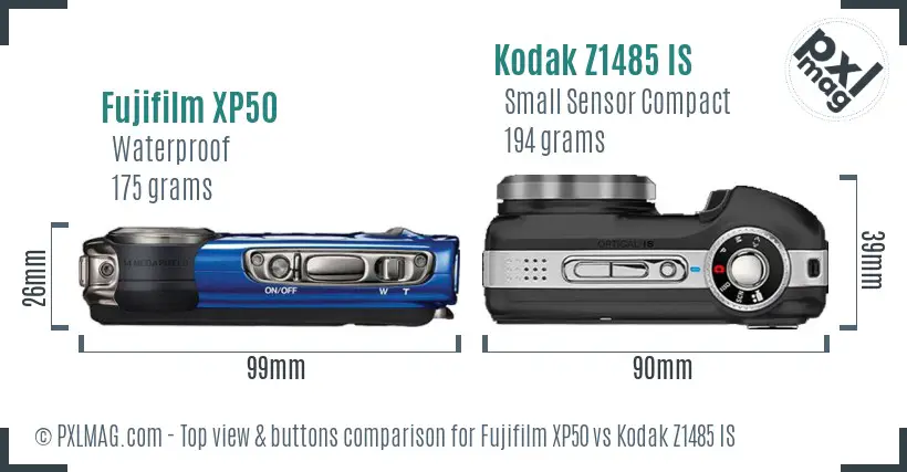 Fujifilm XP50 vs Kodak Z1485 IS top view buttons comparison