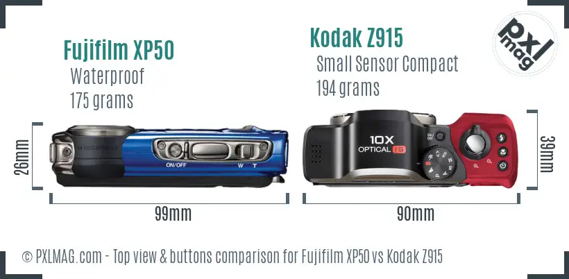 Fujifilm XP50 vs Kodak Z915 top view buttons comparison Fujifilm XP50 vs Kodak Z915 top view buttons comparison