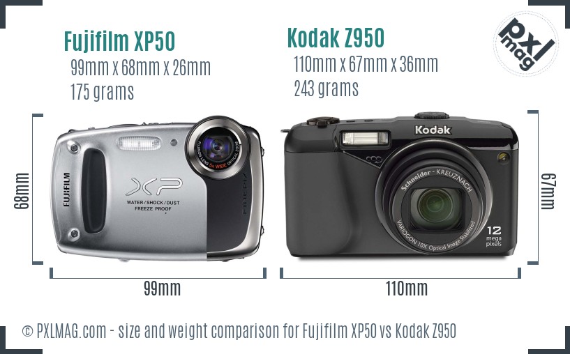 Fujifilm XP50 vs Kodak Z950 size comparison