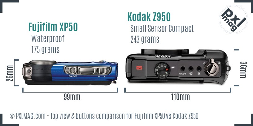 Fujifilm XP50 vs Kodak Z950 top view buttons comparison